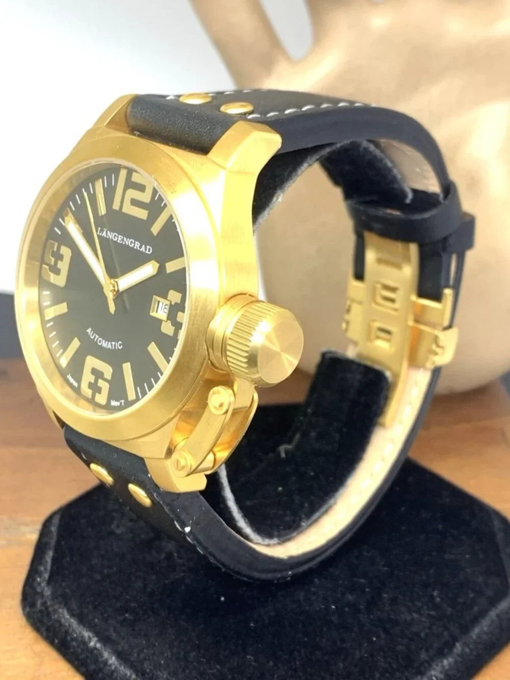 Längengrad Men's Watch 121 Automatic Gold Black Dial Date Leather Strap 44mm